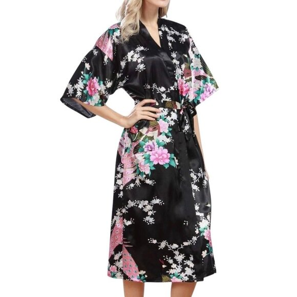 Womens Black Satin Kimono Robe Peacock and Blossoms Nightgown Sleepwear O/S